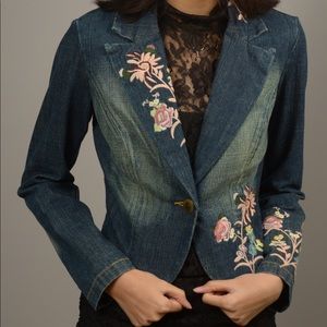 Vintage Y2K Bisou Bisou pink Floral Embroidered Blue Jean Jacket Denim Sz XS